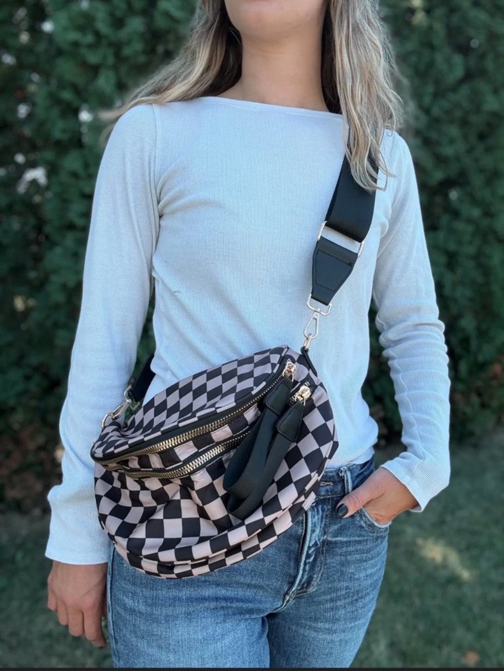 Checkerboard Crossbody Belt Bag in Black and Cream NWOT